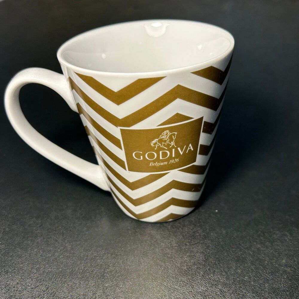 Godiva Belgium 1926 Gold Chevron Coffee Mug White Ceramic Chocolate Brand Cup